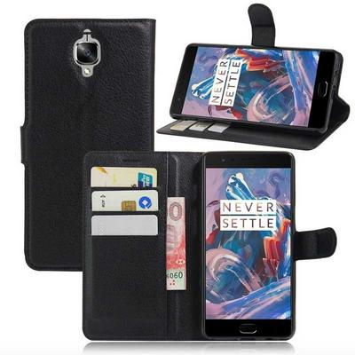 Side Flip Wallet Style PU Leather + Soft TPU Card Holder with Stand and Magnetic Buckle Case for Oneplus 3 / 3T - Black
