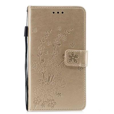 Plum Blossom Embossed Pattern Shockproof PU Leather + Soft TPU Card Slots with Wrist Strap and Stand Wallet Protective Case for iPhone XR 6.1 - Gold
