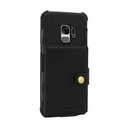 Card Holder Slots with Stand PU Leather Coated PC Back Cover Protective Case for Samsung Galaxy S9 - Black