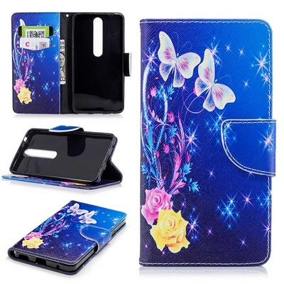 Colored Painting Card Holder Slots Wallet Style with Magnetic Buckle PU Leather + Soft TPU Case for Nokia 6 2018 - Blue