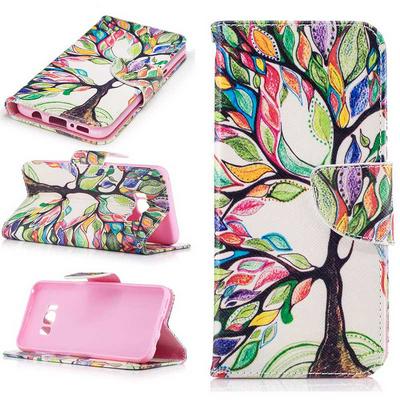 Colored Painting PU Leather + Soft TPU Case with Wallet Card Holder Slots Stand and Magnetic Buckle for Samsung Galaxy S8 / G9500 - Tree
