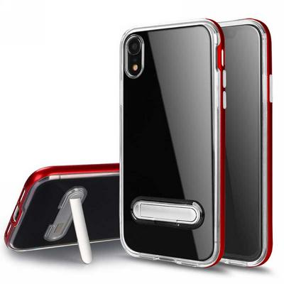 Bumblebee Double Layer Transparent Soft TPU + Hard PC Bumper Frame Hybrid with Kickstand Back Cover Protective Case for iPhone XR 6.1 - Red