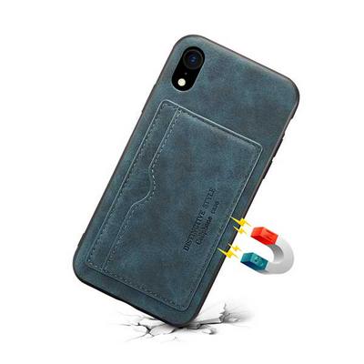 Drop Protection with Ring Stand and Card Slot PU Leather Coated PC Back Cover Phone Case for iPhone XR 6.1- Blue