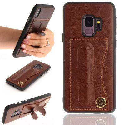 Creative with Card Slot and Hidden Kickstand Hard PC + Soft TPU Leather Coated Back Cover Protective Case for Samsung Galaxy S9 - Coffee
