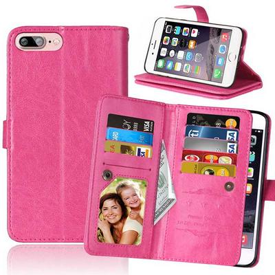 Wallet Style 9 Card Holder Slots with Picture Frame Stand Magnetic Flip PU Leather + TPU Case for iPhone 7 Plus - Rose Red