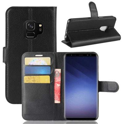 Lichee Pattern PU Leather + Soft TPU Card Holder with Adjustable Stand Support Wallet and Magnetic Buckle Case for Samsung Galaxy S9 - Black