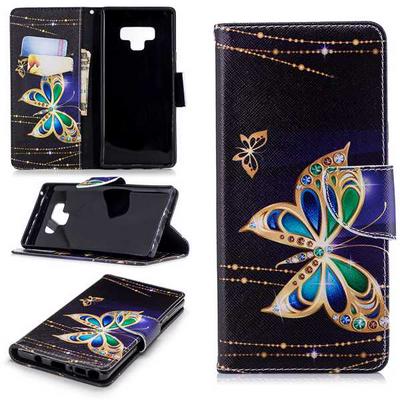 Colored Painting Full Protector PU Leather + Soft TPU Back Cover Case with Card Holder Wallet and Stand for Samsung Galaxy Note 9 - Black Gold