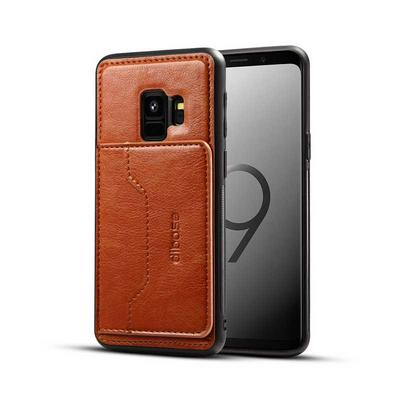 PU Leather Coated with Stand Car Support and Card Holder TPU Black Cover Case fo Samsung Galaxy S9 - Brown