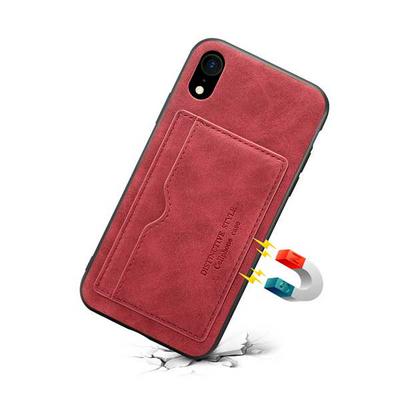 Drop Protection with Ring Stand and Card Slot PU Leather Coated PC Back Cover Phone Case for iPhone XR 6.1- Red