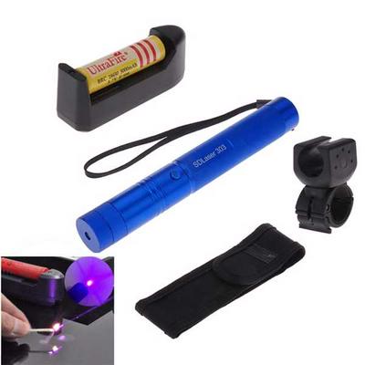 1mw 405nm Purple Beam Flashlight Adjustable Focus Laser Pointer Kit with Bicycle Handlebar and Battery - Blue