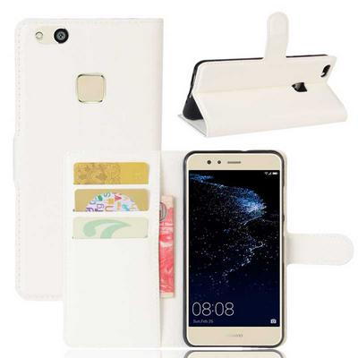 Lichee Pattern Side Flip Wallet Style PU Leather + Soft TPU Card Holder with Stand and Magnetic Buckle Case for Huawei P10 Lite - White
