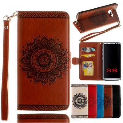 Relief Mandala Pattern with Wrist Strap Wallet  Card Holder Stand Support Picture Frame PU Leather +  TPU Phone Case for Samsung Galaxy S8 / G9500 - Brown
