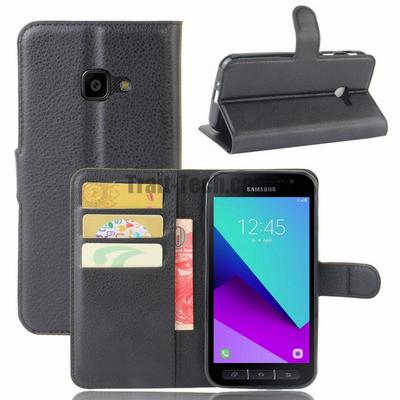 Lichee Pattern Side Flip Wallet Style PU Leather + Soft TPU Card Holder with Stand and Magnetic Buckle Case for Samsung Galaxy Xcover 4 / G390F - Black