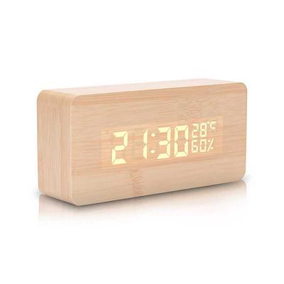 Wooden Design Digital Alarm Clock with Led Lights Sound Activation Time Temperature & Humidity Display Creative Morning Alarm Clock - White