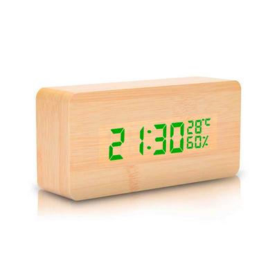 Wooden Design Digital Alarm Clock with Led Lights Sound Activation Time Temperature & Humidity Display Creative Morning Alarm Clock - Green