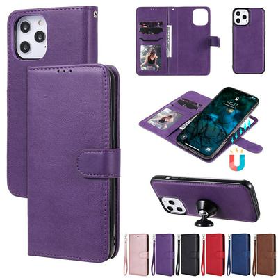For iPhone 12 Pro Max(6.7) Solid Color Detachable 2 in 1 Strong Magnetic Flip Leather Case with Stand and Card Slots Function