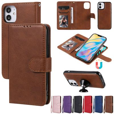 For iPhone 12 mini(5.4) Solid Color Detachable 2 in 1 Strong Magnetic Flip Leather Case with Stand and Card Slots Function