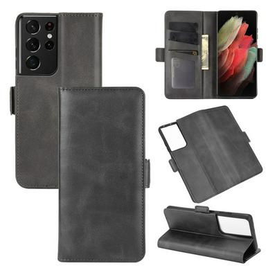 For Samsung Galaxy S21 Ultra 5G Double Buckle Wallet Style Folio Flip Leather Case with Stand and Card Slots Function