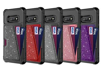 For Samsung Galaxy S10e Flash Powder Car Magnetic Card Holder Anti-fall Hard PC Back Cover Case