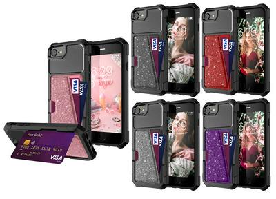 For iPhone 7 / 8 Flash Powder Car Magnetic Card Holder Anti-fall Hard PC Back Cover Case