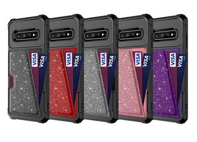 For Samsung Galaxy S10+ / S10 Plus Flash Powder Car Magnetic Card Holder Anti-fall Hard PC Back Cover Case