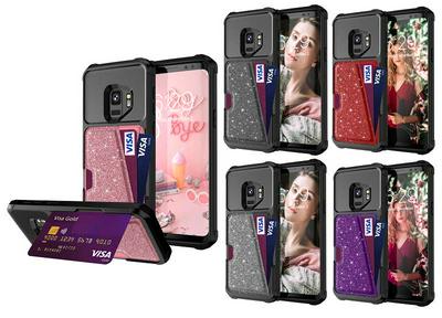For Samsung Galaxy S9 Flash Powder Car Magnetic Card Holder Anti-fall Hard PC Back Cover Case