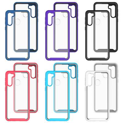 For Samsung Galaxy A21 European Version Striped Border Anti-slip Shock-proof Drop-proof Acrylic+TPU+PC Back Cover Case