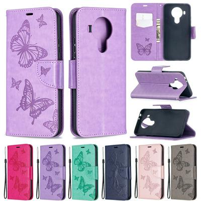 For Nokia 5.4 Embossed Double Butterfly Case Flip Leather Wallet with Wrist Strap & Card Slots