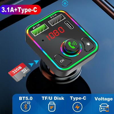 CAR F3 Ambient Light Bluetooth 5.0 FM Transmitter Car MP3 Player Wireless Hands-Free Audio Receiver TF U Disk Play Type-c