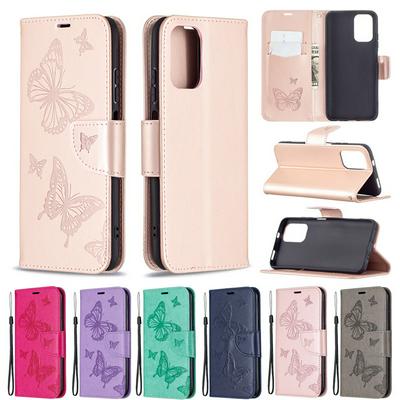 For Xiaomi Redmi Note 10S Embossed Double Butterfly Case Flip Leather Wallet with Wrist Strap & Card Slots