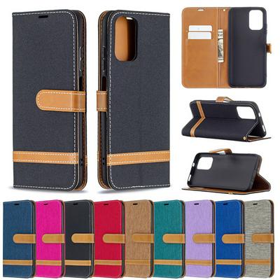 For Xiaomi Redmi Note 10S Color Block Denim Cloth PU Leather Wallet Phone Case with Card Slots&Stand 
