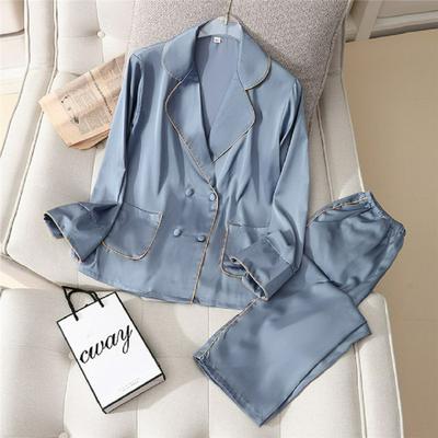 JULY'S SONG Faux Silk Pajamas Set Spring Autumn Sleepwear Women Casual Long-sleeved Trousers Ice Silk Turn-down Collar Female