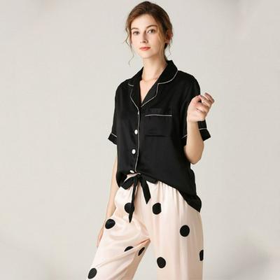 JULY'S SONG Women Faux Silk Pajamas Dot Striped Soft Short Sleeve Sleepwear Lapel Collar Homewear Female Pyjamas Nightwear