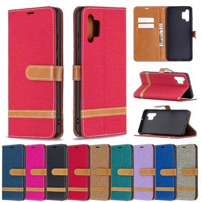 For Samsung Galaxy A32 4G Color Block Denim Cloth PU Leather Wallet Phone Case with Card Slots&Stand 