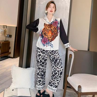 2021 Spring Women's Pajamas Set Cool Fashion Tiger and Rose Print Sleepwear Nightie Silk Like Leisure Home Clothes Nightwear
