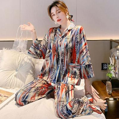 2021 Spring Women's Pajamas Set Vintage Newspaper Doodle Style Sleepwear Silk Like Nightie Loose Leisure Home Clothes Nightwear