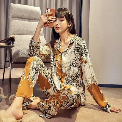 2021 New Women's Pajamas Set Luxury Fashion Stitching Leopard Sleepwear Silk Like Nightie Loose Leisure Home Clothes Nightwear