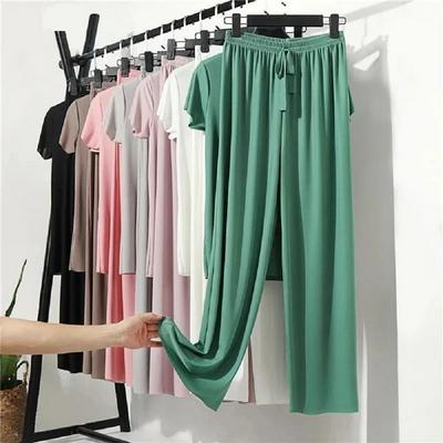 Women's v-neck Short-sleeved T-shirt Pajamas Set Casual High-waist Wide-leg Pants Suit