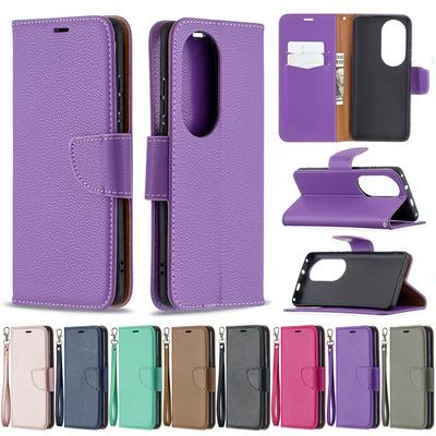 For Huawei P50 Pro Solid Color Lychee Pattern Flip Leather Case with Wrist Strap & Stand Function