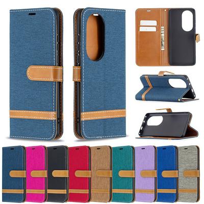 For Huawei P50 Pro Color Block Denim Cloth PU Leather Wallet Phone Case with Card Slots&Stand 
