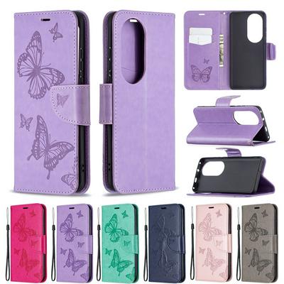 For Huawei P50 Pro Embossed Double Butterfly Case Flip Leather Wallet with Wrist Strap & Card Slots