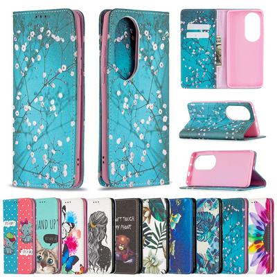 For Huawei P50 Pro Painted Magnetic Closure Folio Flip Leather Case with Card Slots and Stand Function