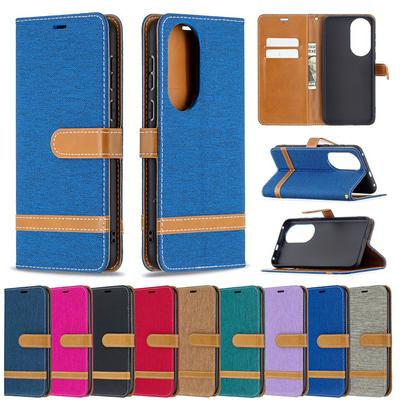 For Huawei P50 Color Block Denim Cloth PU Leather Wallet Phone Case with Card Slots&Stand 