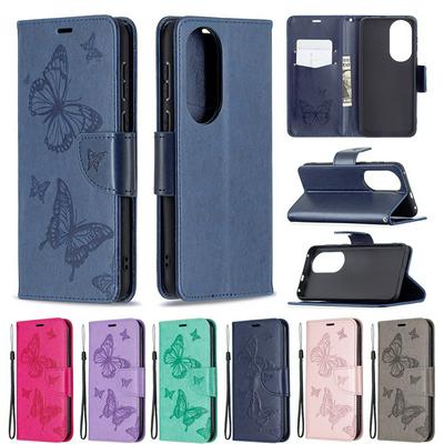 For Huawei P50 Embossed Double Butterfly Case Flip Leather Wallet with Wrist Strap & Card Slots