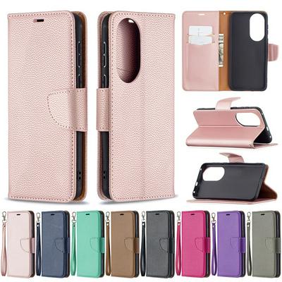 For Huawei P50 Solid Color Lychee Pattern Flip Leather Case with Wrist Strap & Stand Function