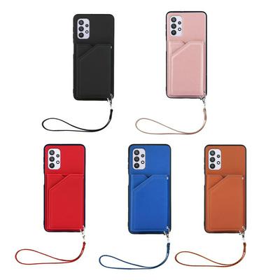 For Samsung Galaxy A32 5G Skin Feel Card Slots Shockproof PU Leather Stand Wallet Phone Case with Hand Strap