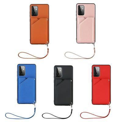 For Samsung Galaxy A72 5G Skin Feel Card Slots Shockproof PU Leather Stand Wallet Phone Case with Hand Strap