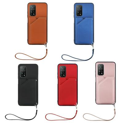 For Xiaomi Mi 10T/10T Pro 5G Skin Feel Card Slots Shockproof PU Leather Stand Wallet Phone Case with Hand Strap