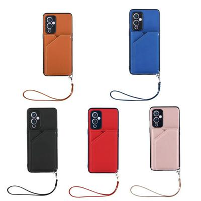 For OnePlus 9 Skin Feel Card Slots Shockproof PU Leather Stand Wallet Phone Case with Hand Strap