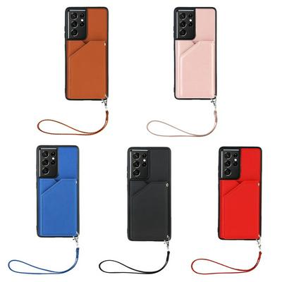 For Samsung Galaxy S21 Ultra 5G Skin Feel Card Slots Shockproof PU Leather Stand Wallet Phone Case with Hand Strap